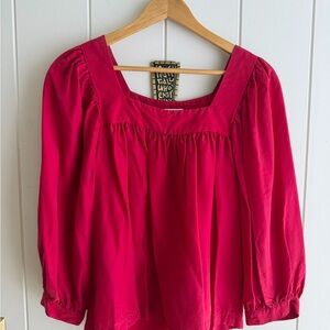 Horses Atelier Red Silk Square Neck Balloon Sleeve Blouse